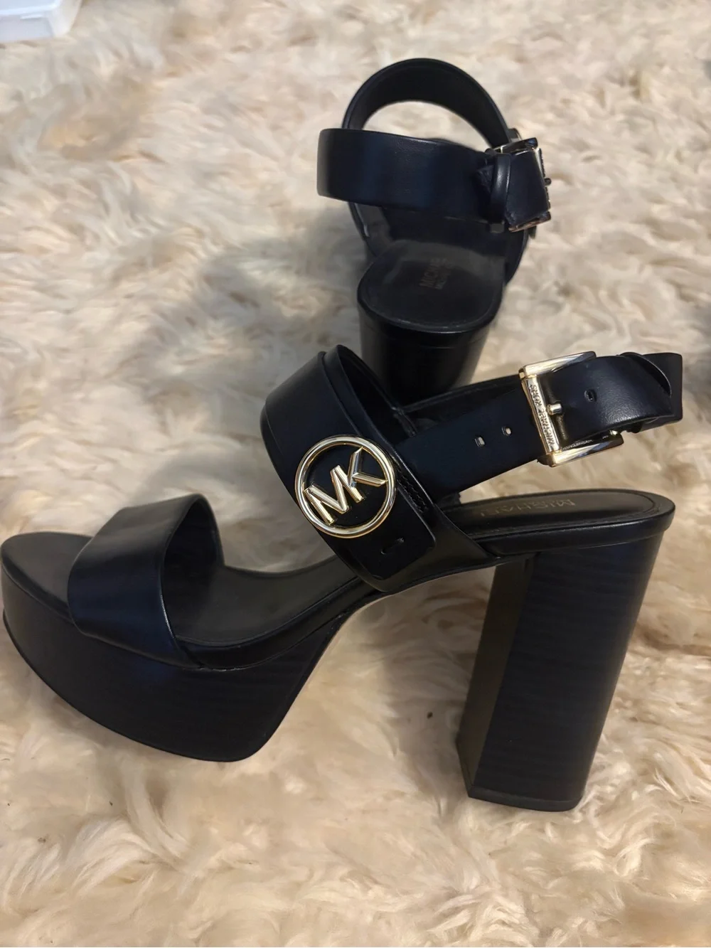 Michael Kors Black Leather Dual-Strap Block Heel Sandals with Gold Logo